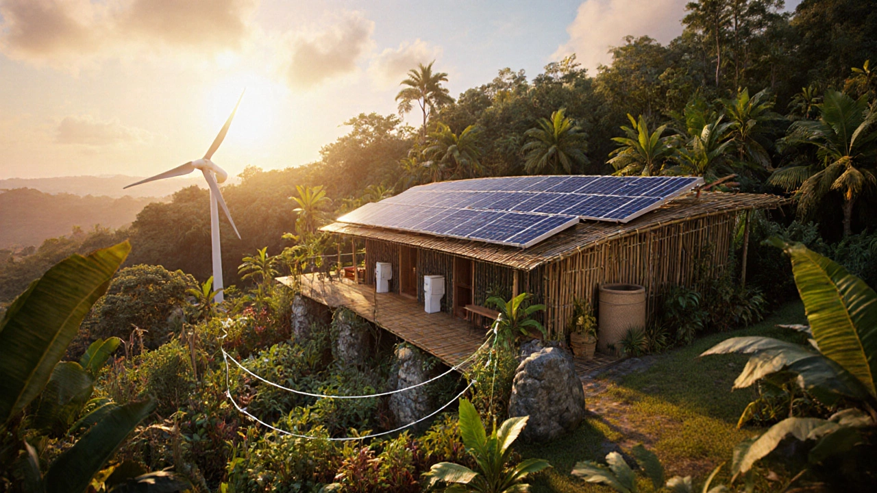 Bamboo home on Costa Rican hillside with solar panels, wind turbine, and food garden