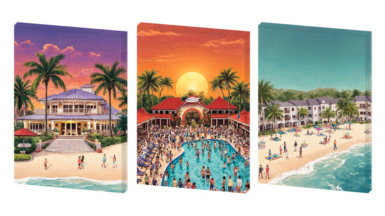 Collage showing luxury Caribbean villa, busy Mexican resort in peak season, and quiet off‑peak resort.