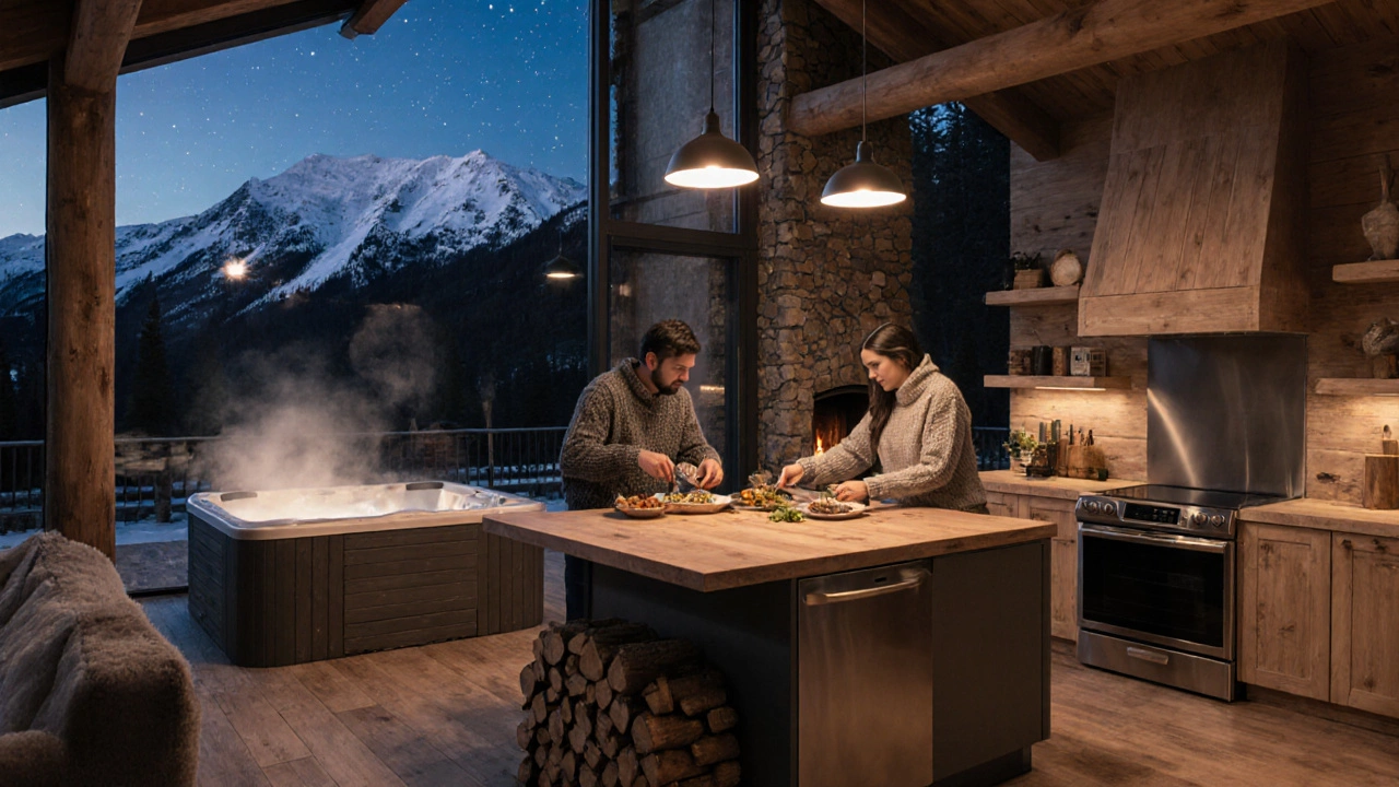 Couple cooking in a cabin kitchen with a view of a hot tub under the stars.
