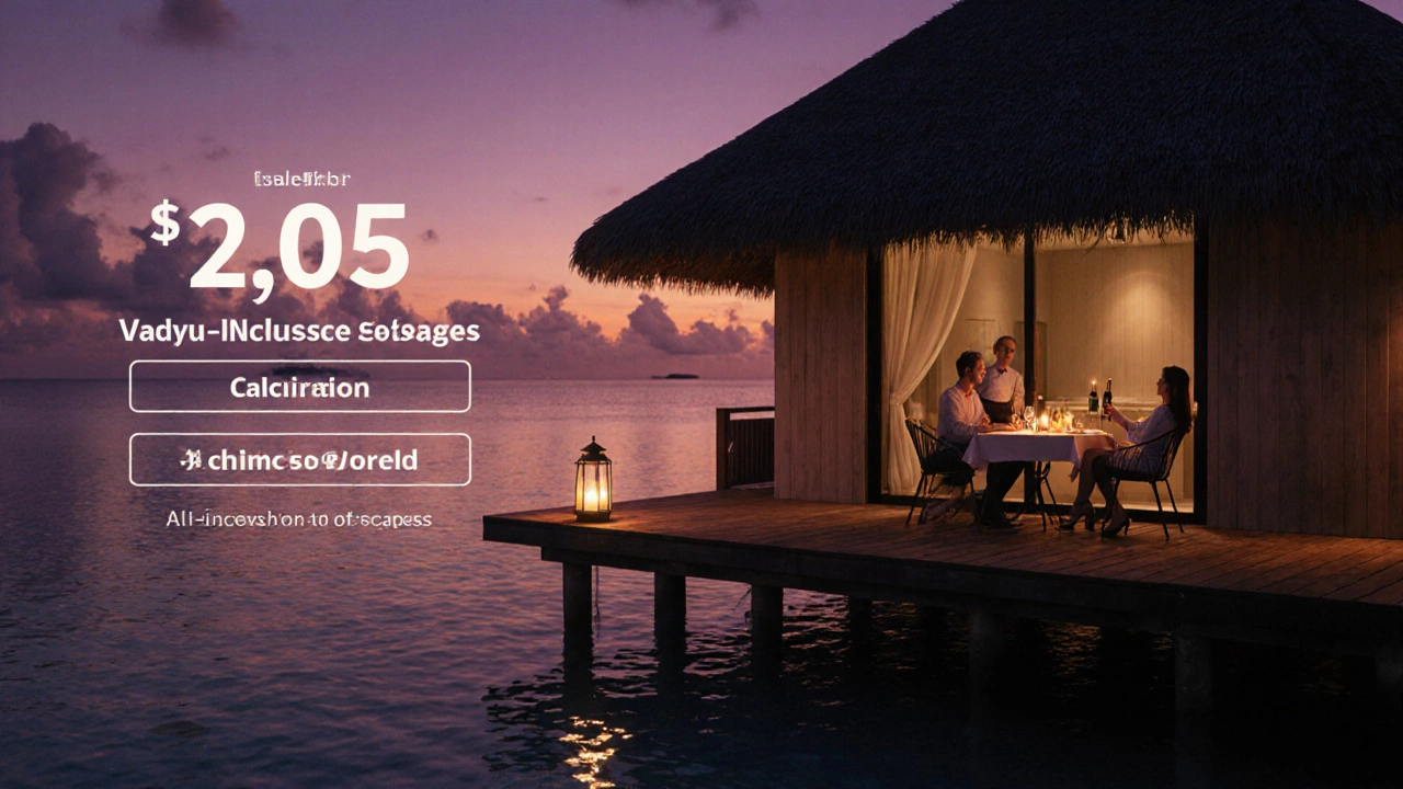 Couple having a candlelit dinner on a Maldives overwater villa at sunset.