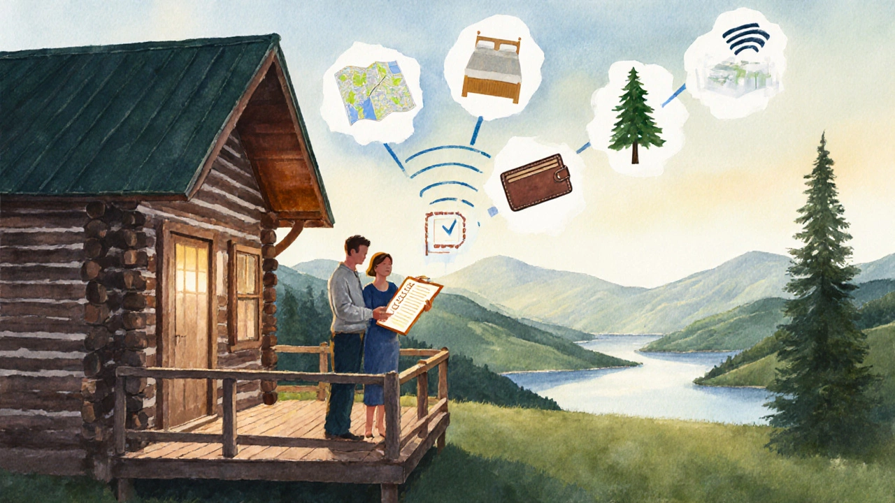 Couple on a cabin porch holding a glowing checklist with icons for cabin features.