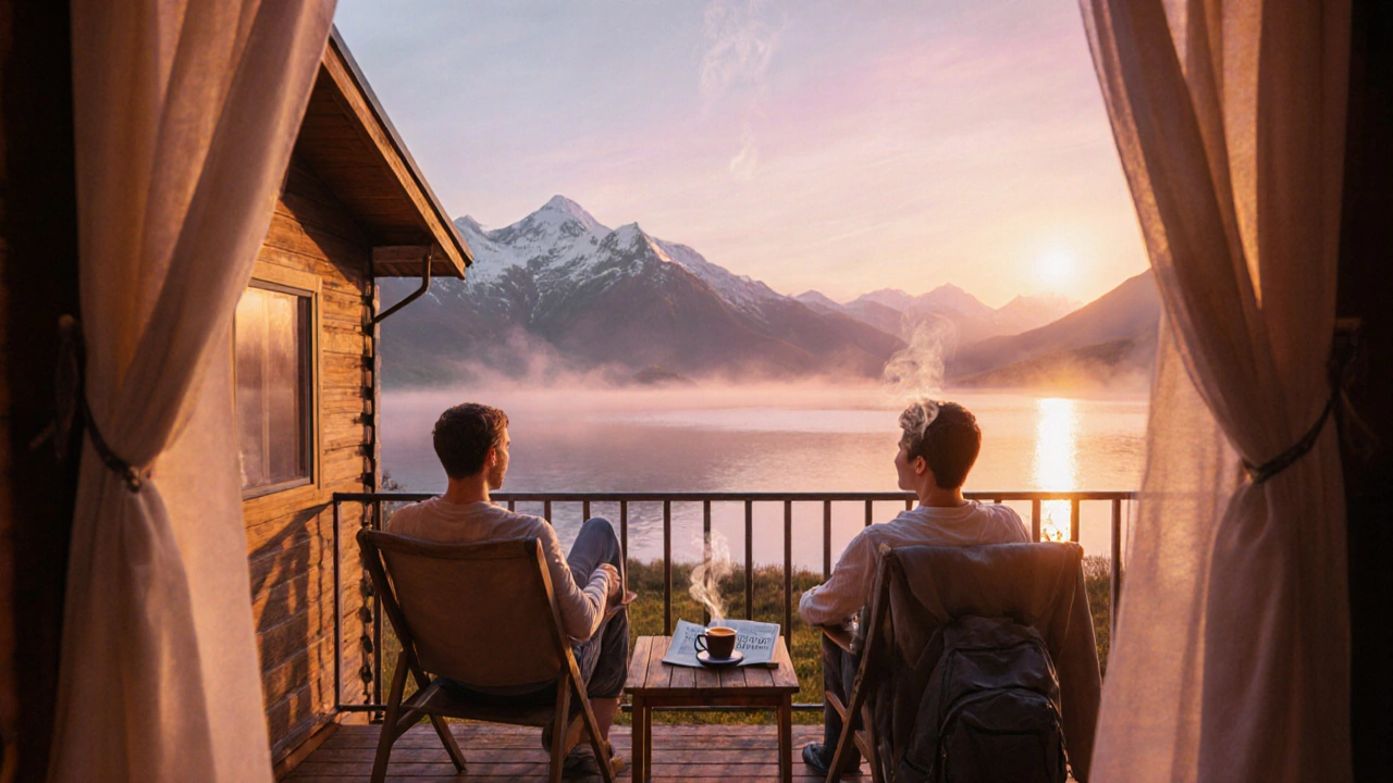Couple on a cottage balcony drinking coffee at sunrise over a lake and mountains.