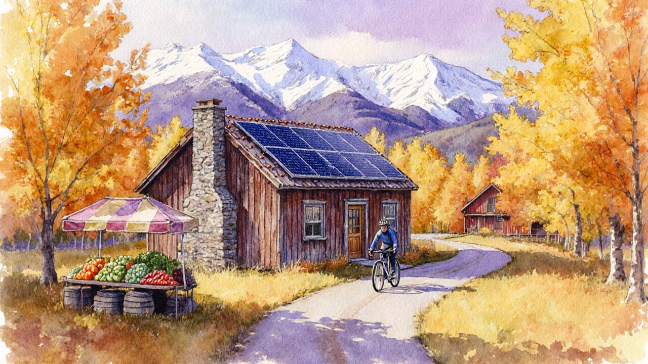 Cozy cottage in Vermont with solar panels, bike lane, and nearby farm market in autumn.