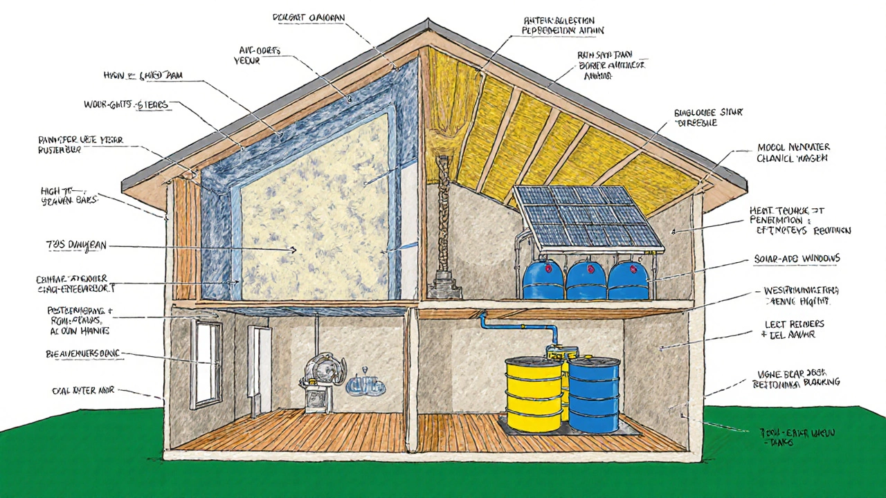 Cutaway illustration showing insulation, windows, solar panels, and water systems inside a green house.