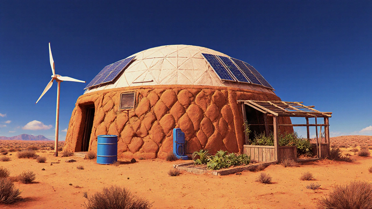 Earthship made of tire walls with solar panels, rain barrels, and a greenhouse in a desert setting.