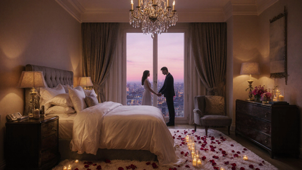 Elegant boutique romance suite with candles, rose petals, and city view.