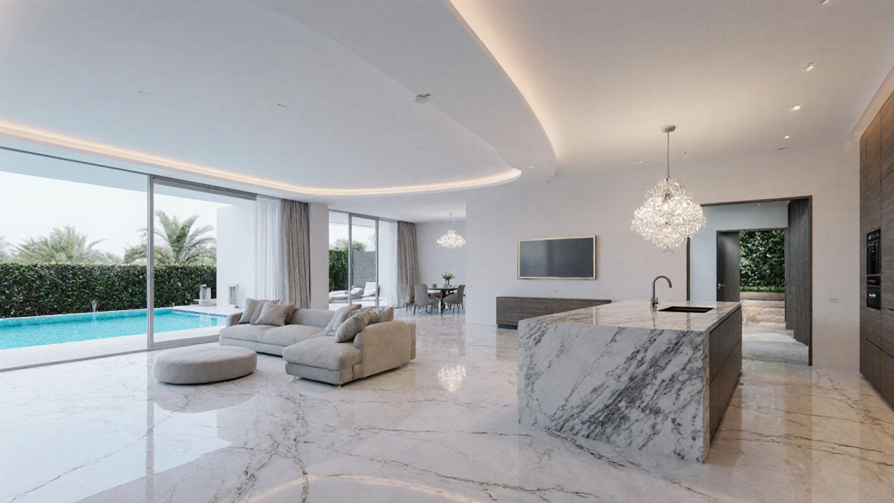 Elegant villa interior with marble floor, infinity pool view, and smart home controls.