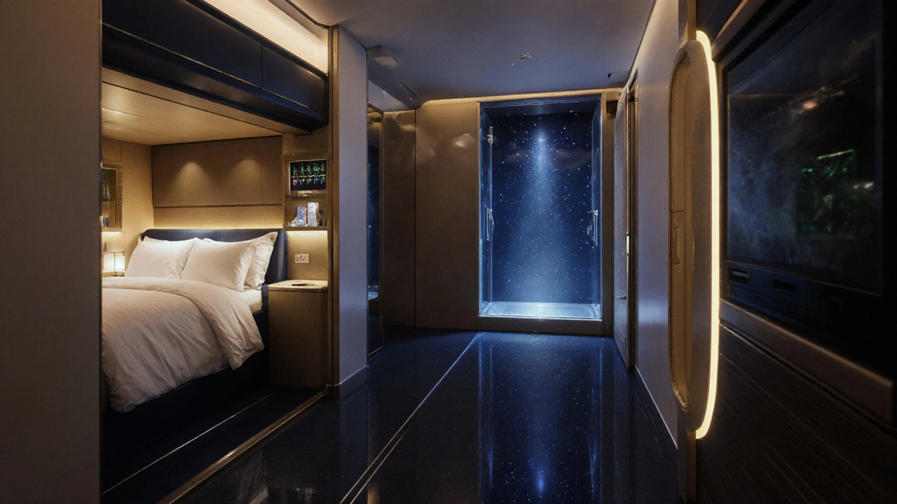 Emirates A380 first‑class suite featuring a double bed, mini‑bar, and private shower.