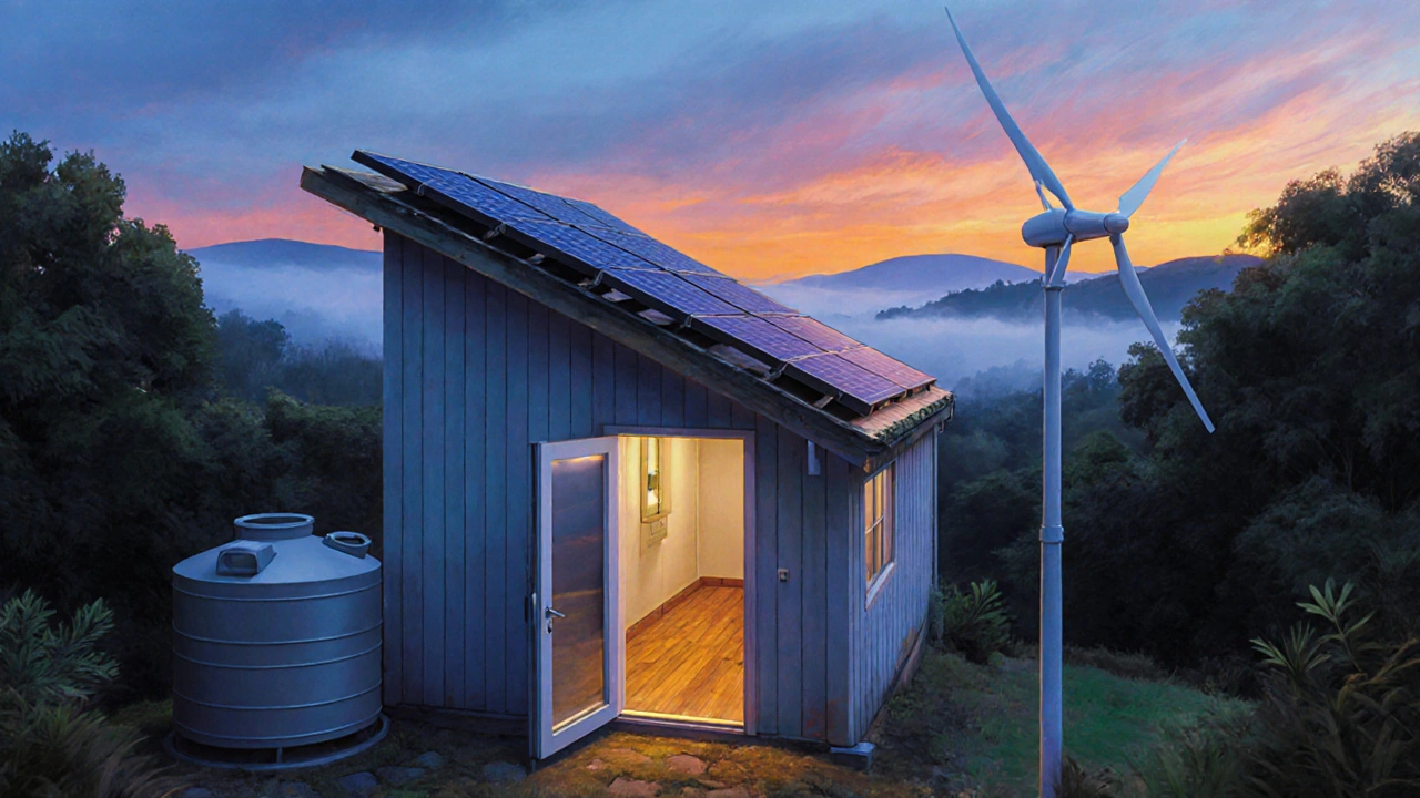 Finished eco‑friendly home with solar panels, rainwater tank, reclaimed flooring at sunrise.