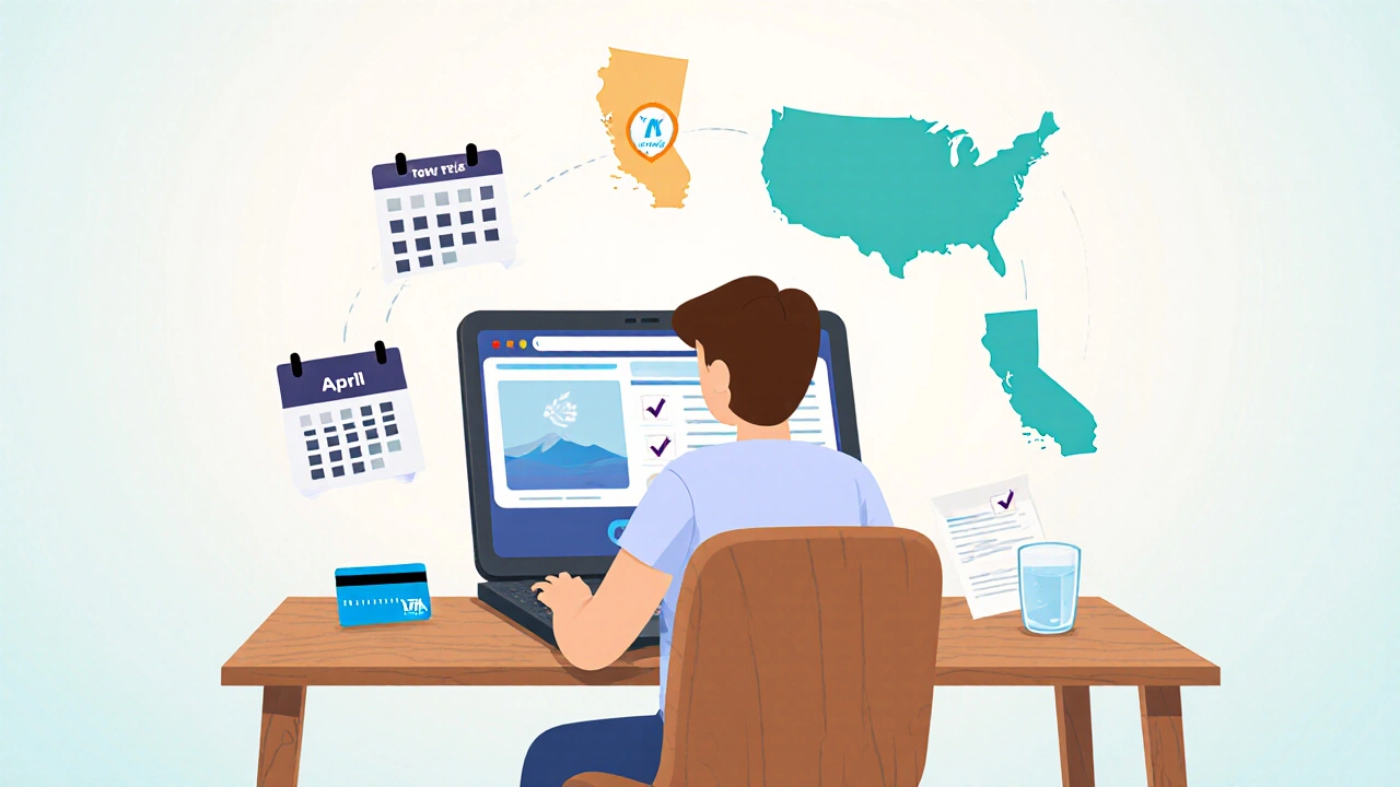 Flat‑style scene of a traveler planning a U.S. all‑inclusive stay with laptop, map and checklist icons.