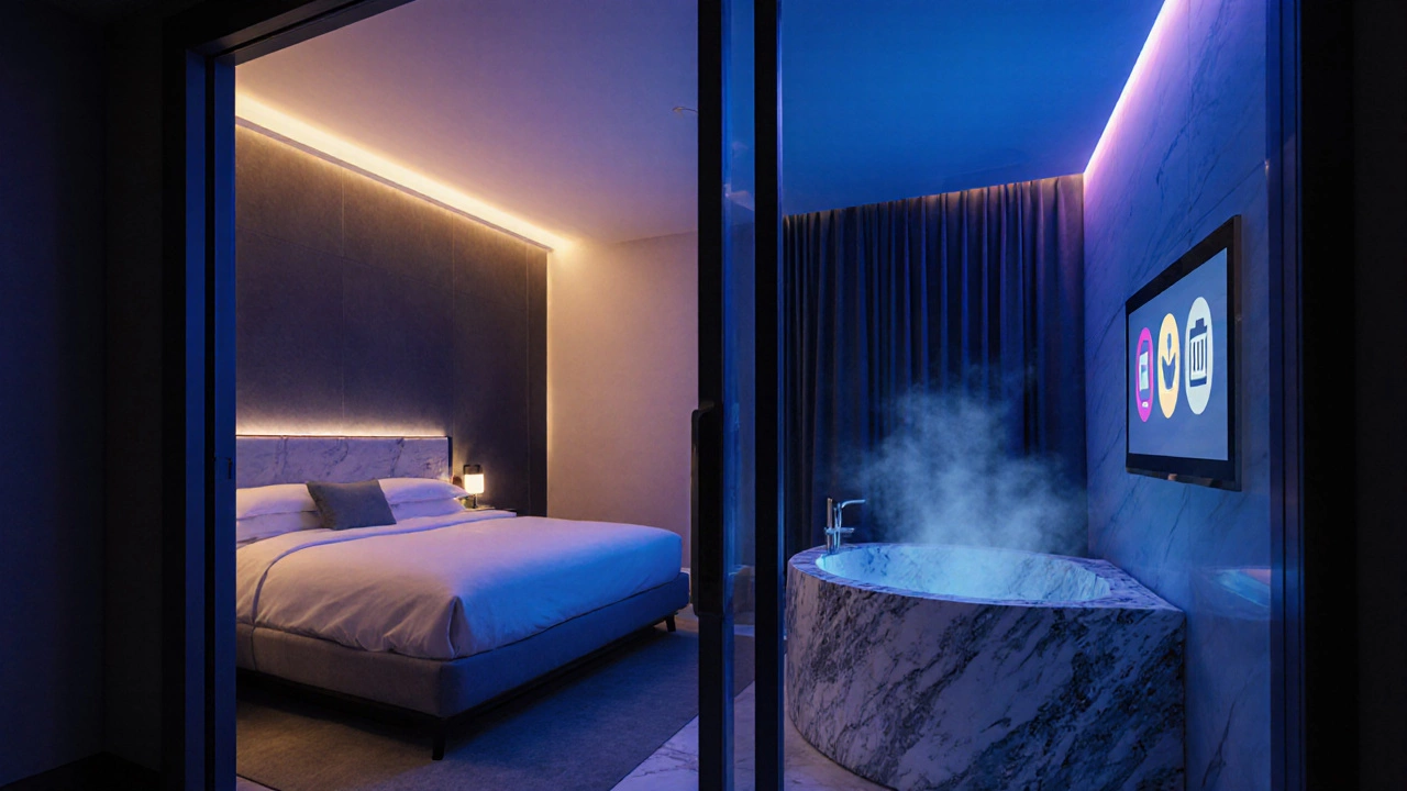 Futuristic love hotel room with LED lighting, bathtub, and check‑in kiosk.