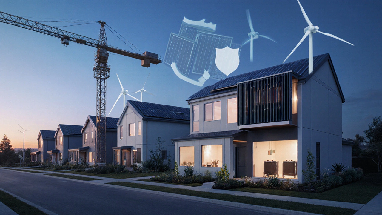 Futuristic neighborhood of net‑zero homes with solar panels and a construction crane at dusk.