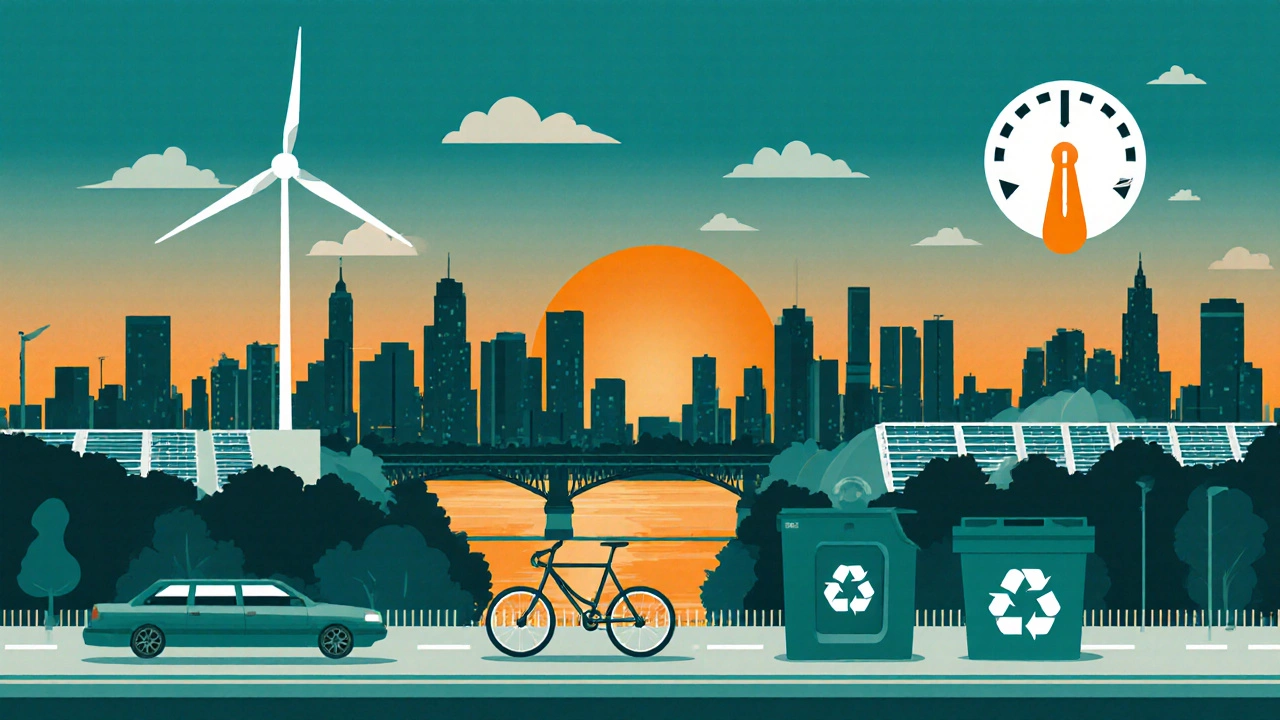 Graphic illustration of Portland skyline at sunset with icons for wind, solar, biking, recycling, and air quality.