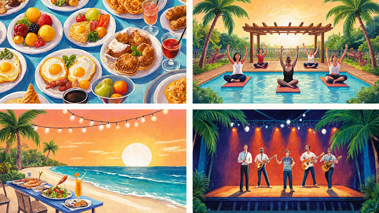 Illustrated day at an Orlando resort: breakfast buffet, yoga, beach grill, and evening live band.
