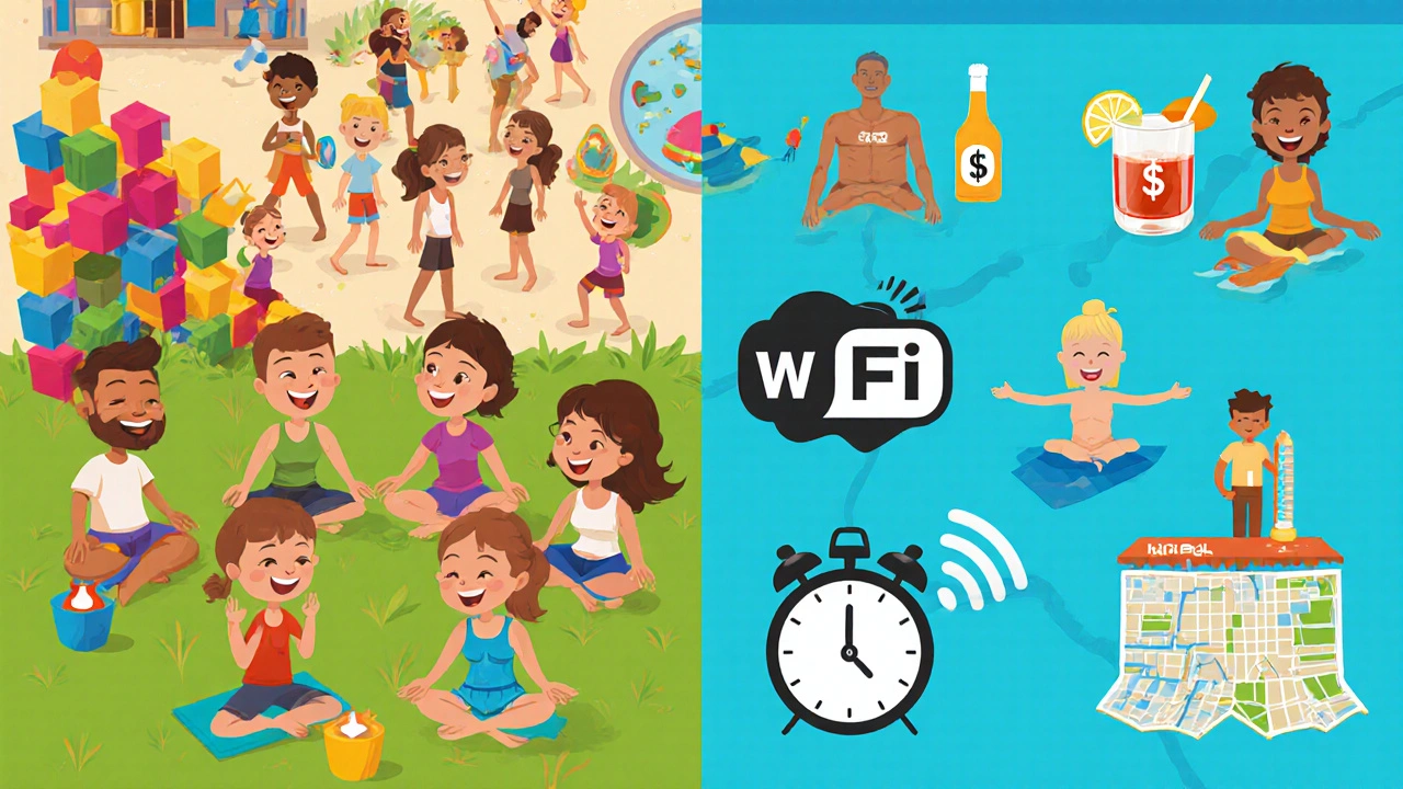 Illustration showing resort amenities on one side and hidden fees icons on the other.