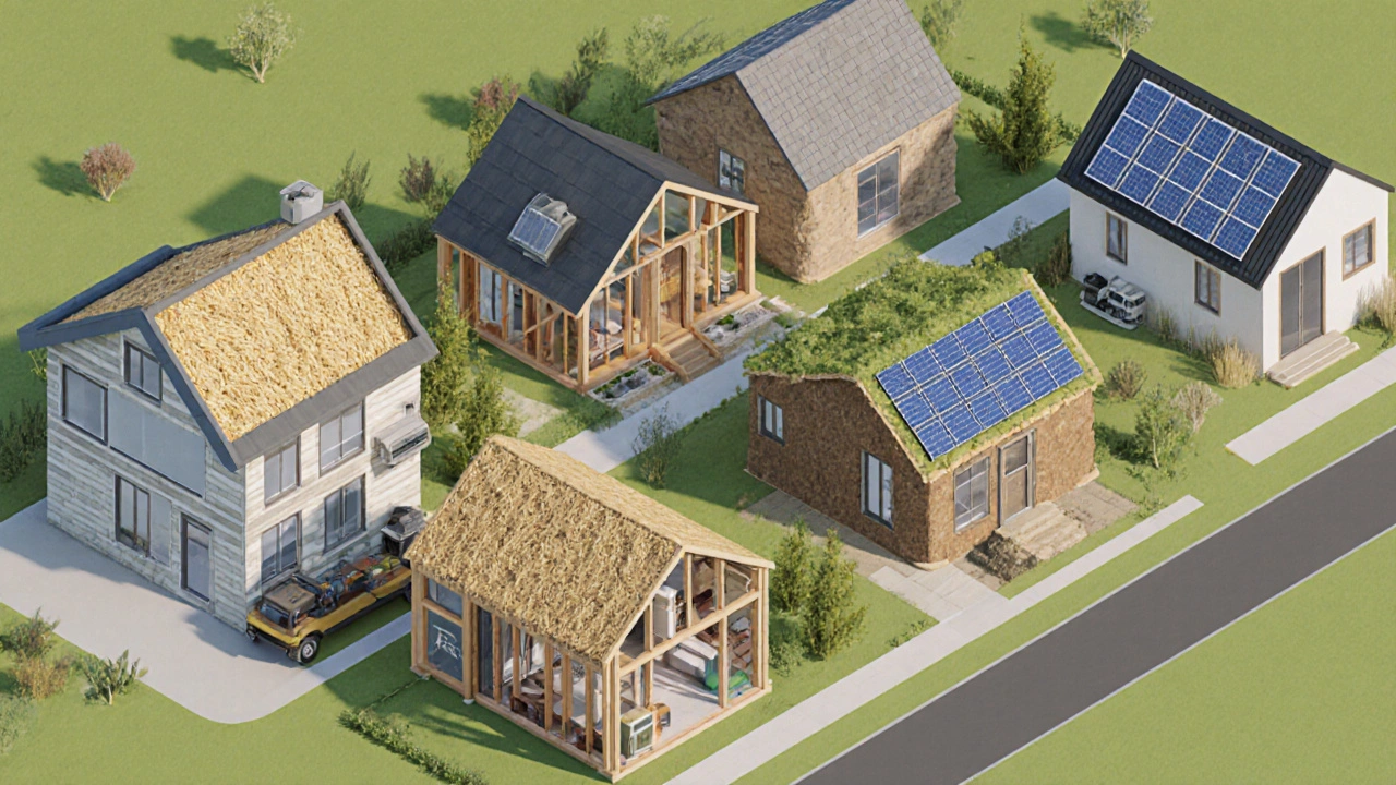 Isometric view of a neighborhood showing various green house types with renewable features.