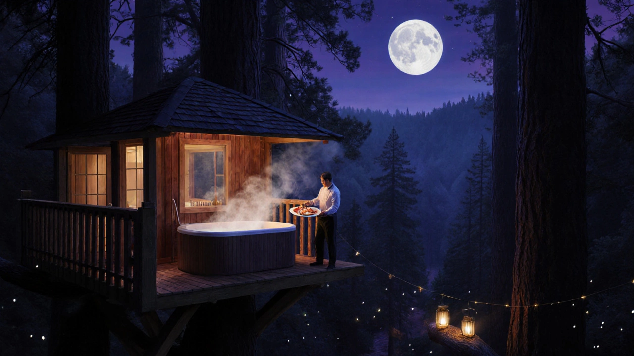 Luxury treehouse with hot tub, chef, and night‑sky walk under a moonlit Redwood forest.