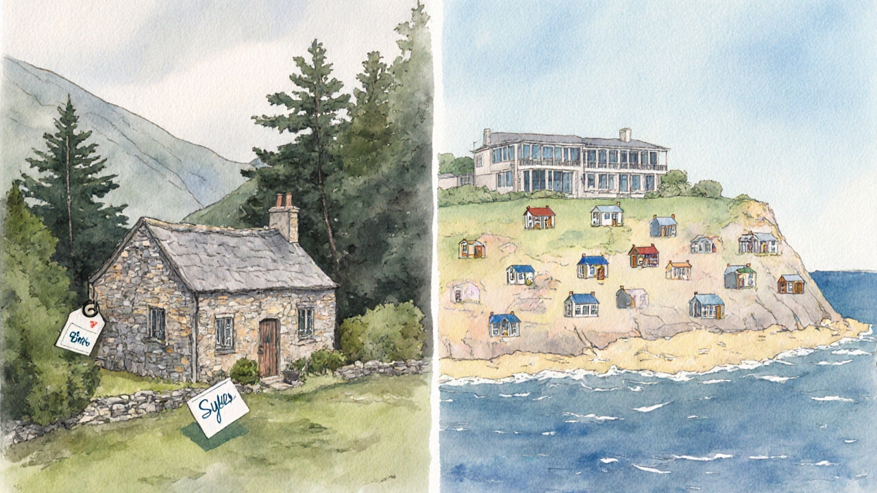 Split watercolor showing a cheap stone cottage versus a large seaside villa.