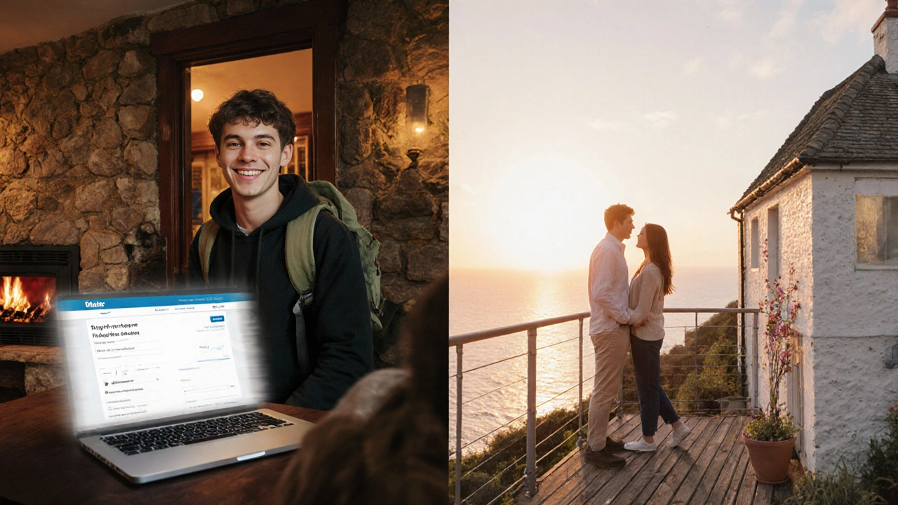 Student in a cozy Peak District cottage and couple on a sea‑view balcony.