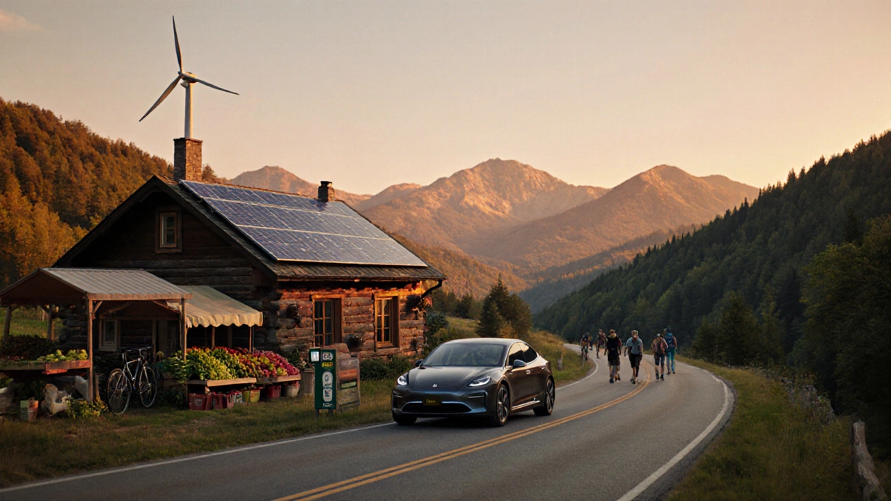 Sustainable travel scene in Vermont with electric car, eco‑lodge, farms, and hiking trail at sunset.