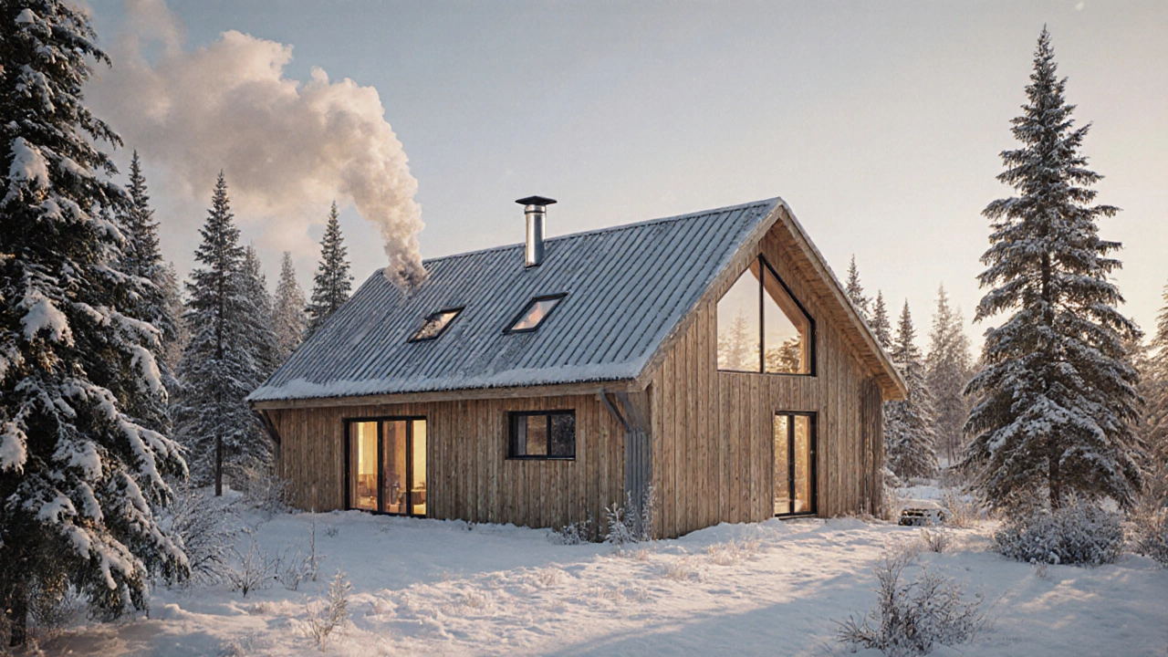 Swedish timber house in winter with thermal storage vents and snowy surroundings