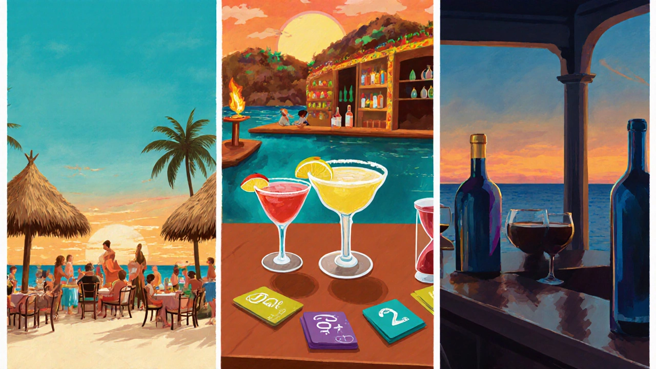 Three-part illustration showing Caribbean, Mexican, and European resort drink policies.