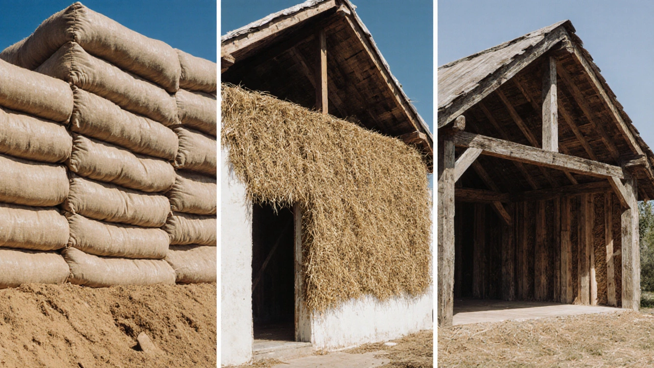 Three wall types—earthbag, straw bale, recycled timber—shown on a modest house frame.