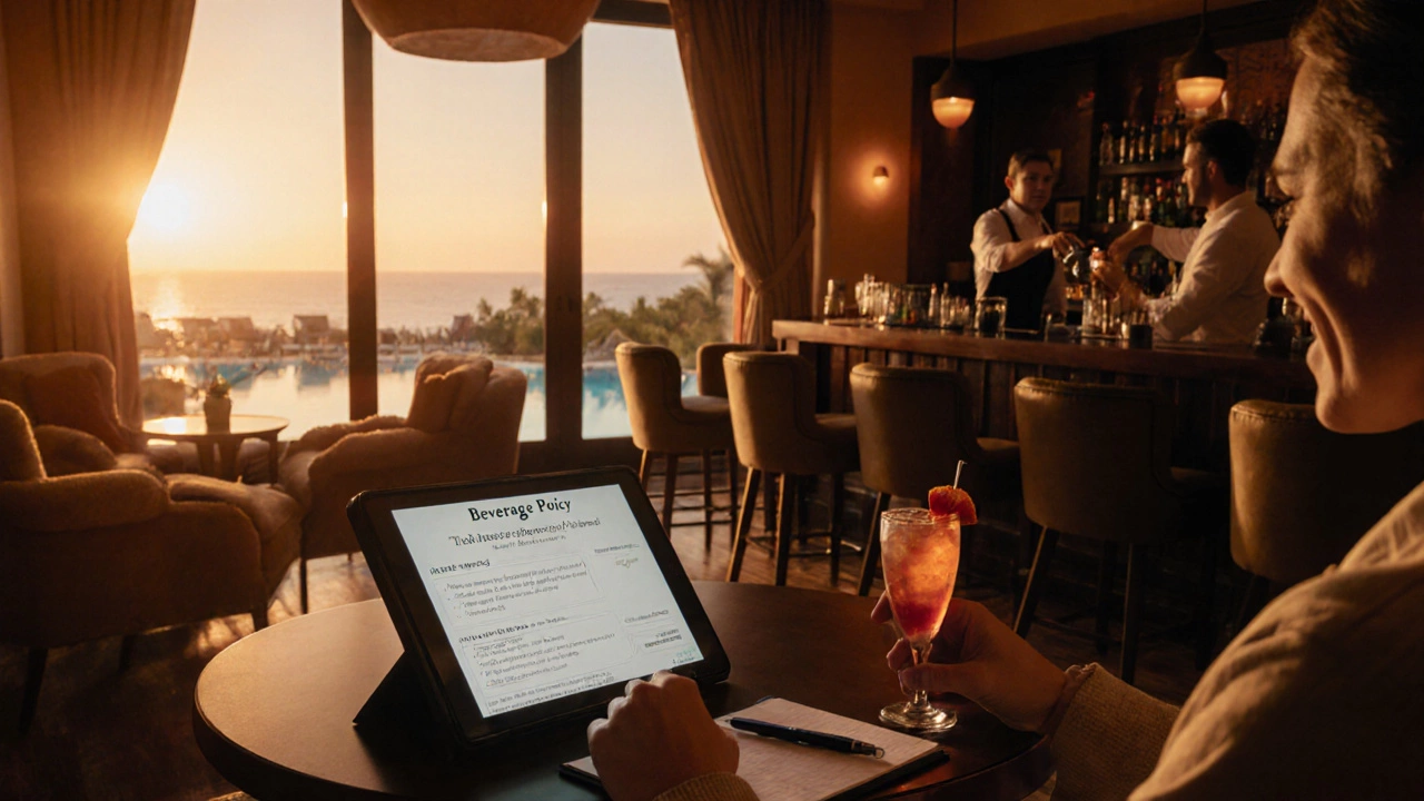 Traveler checking a beverage policy then enjoying a cocktail at happy hour.