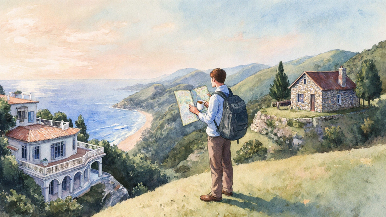 Traveler comparing a seaside villa and a countryside cottage from a hilltop.