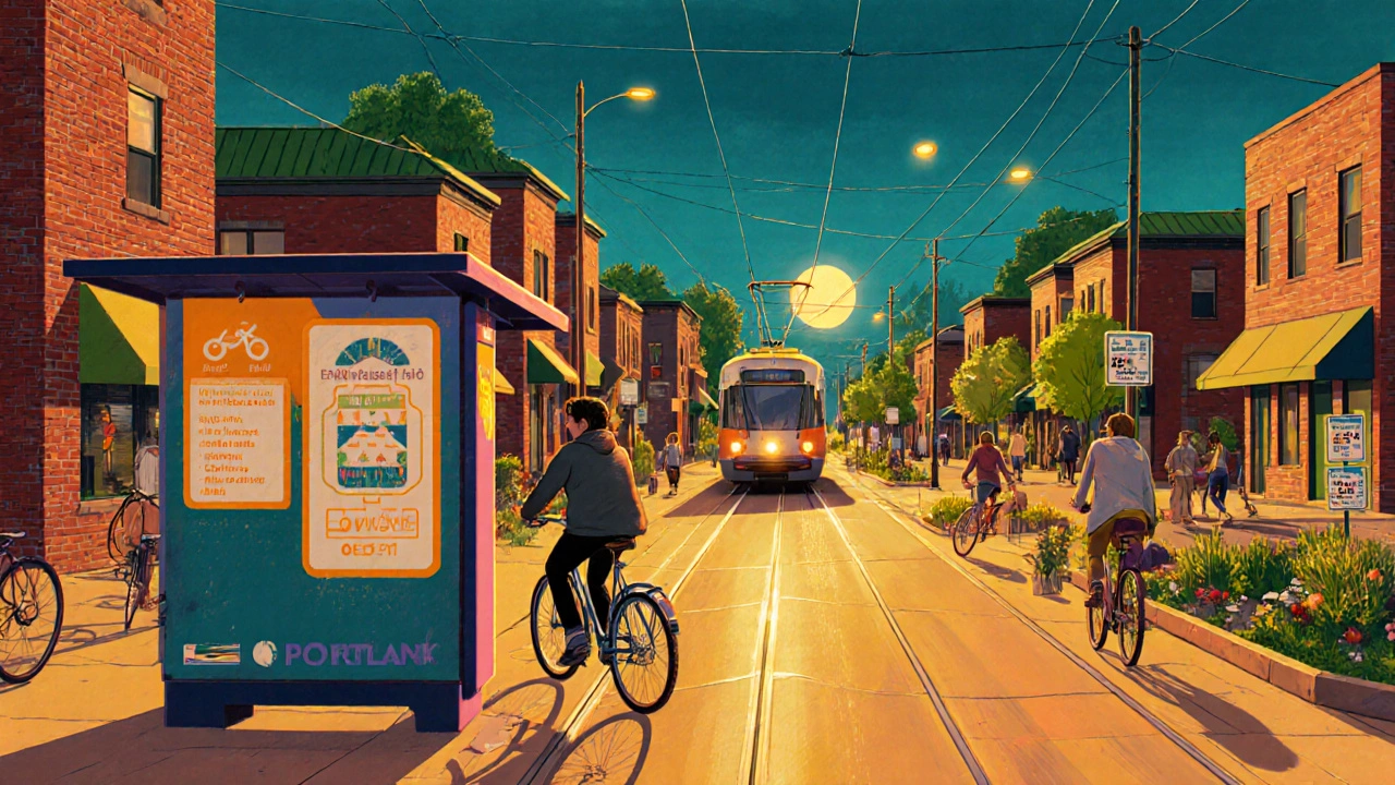 Traveler on a bike in Portland beside a streetcar, green roofs, and bike‑share station.