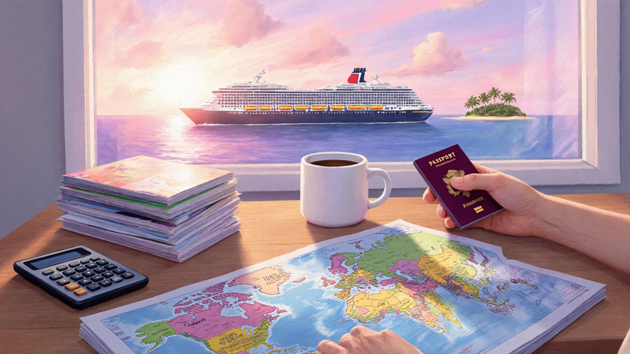 Traveler planning budget trip with map, calculator, and cruise ship visible through window.