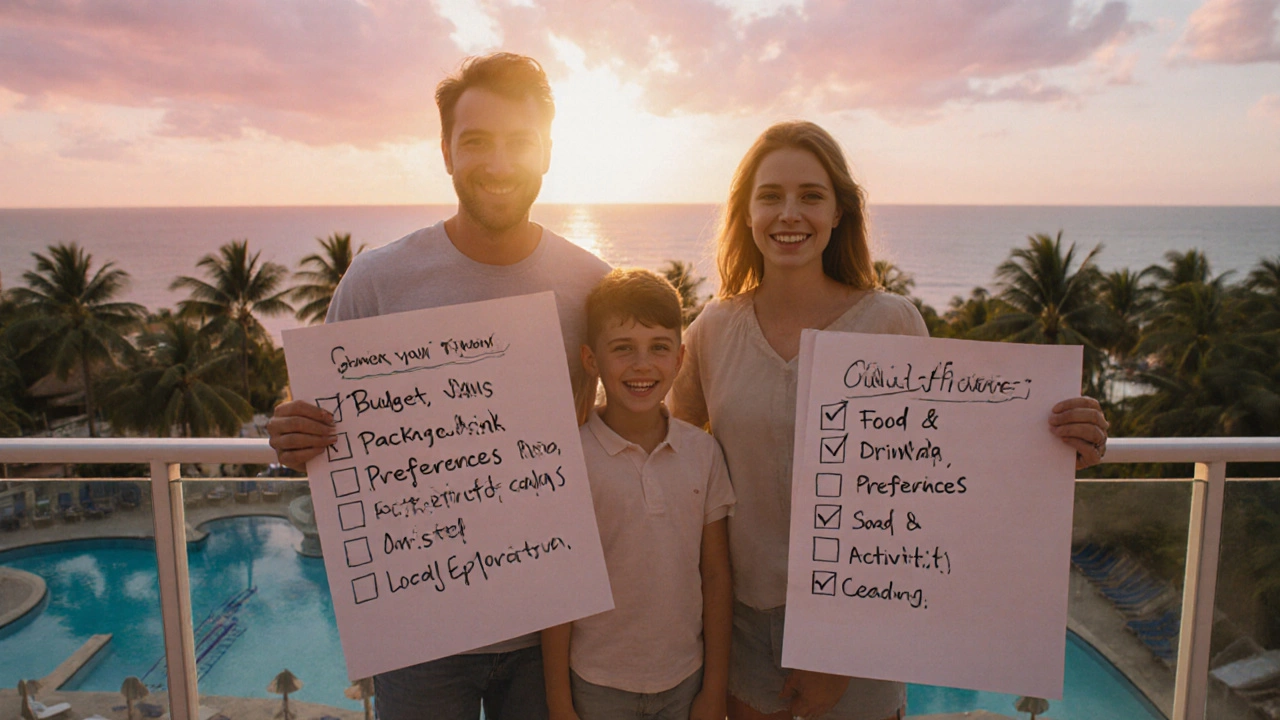 Traveler reviewing a checklist of budget, activities, and local immersion while overlooking a sunset resort.