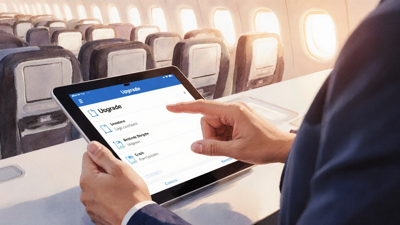Traveler using a tablet at a check‑in kiosk to upgrade to a better cabin.
