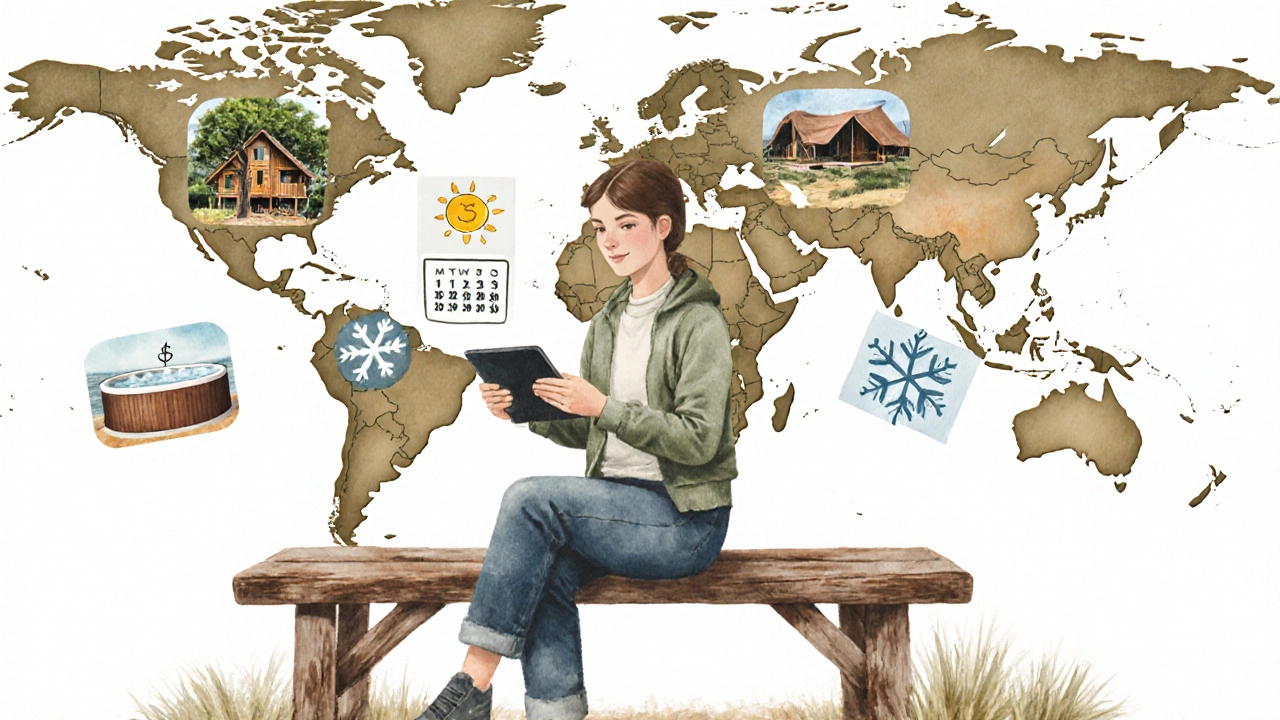 Traveler with tablet showing price icons and seasonal symbols beside glamping type sketches.