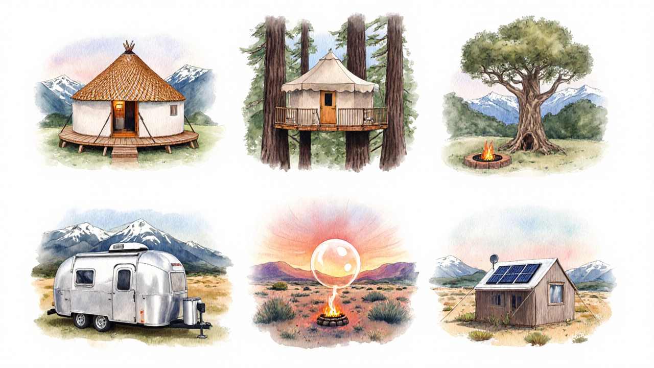 Watercolor collage showing a yurt, safari tent, treehouse, Airstream, luxury tent, and eco‑pod in varied landscapes.