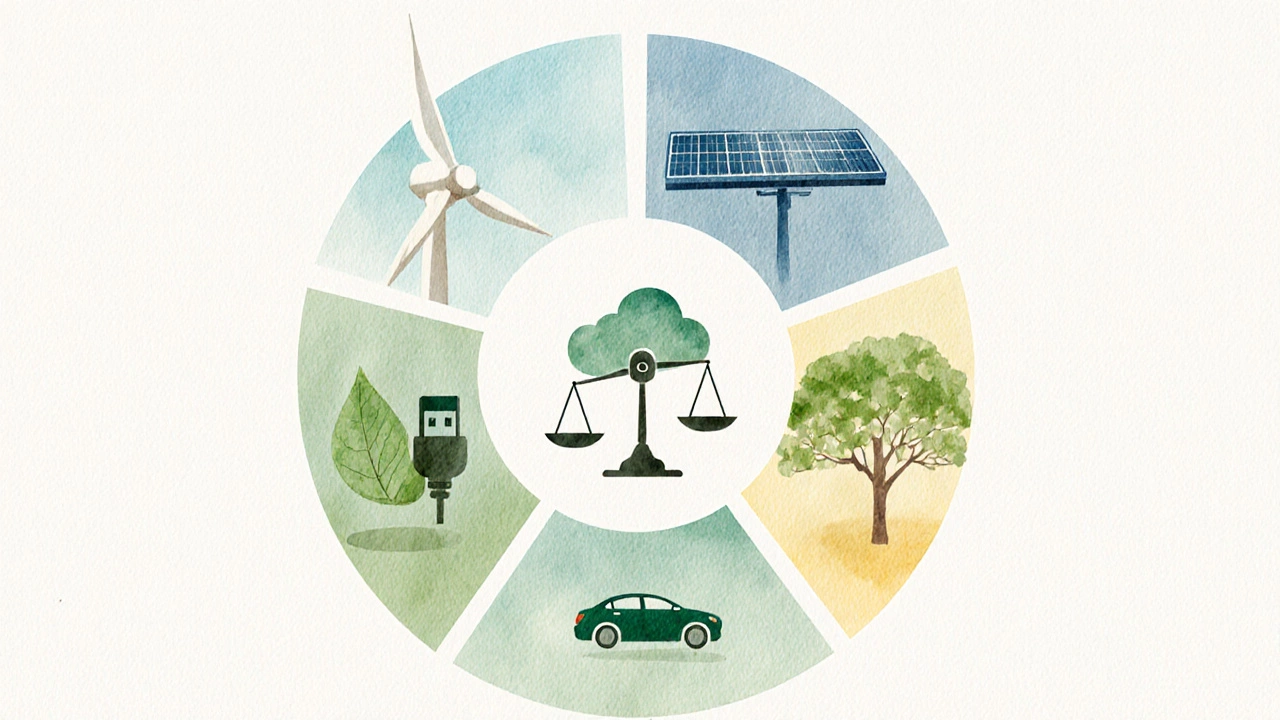 Watercolor icons for renewable energy, emissions, protected land, EVs, and policies.