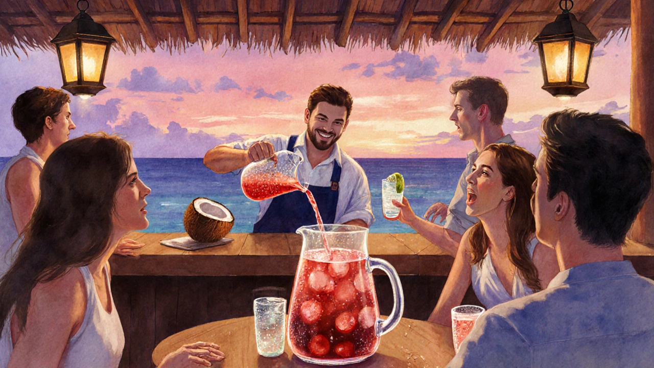 Watercolor scene of a bartender serving rum punch and guests sharing sangria and coconut water at happy hour.