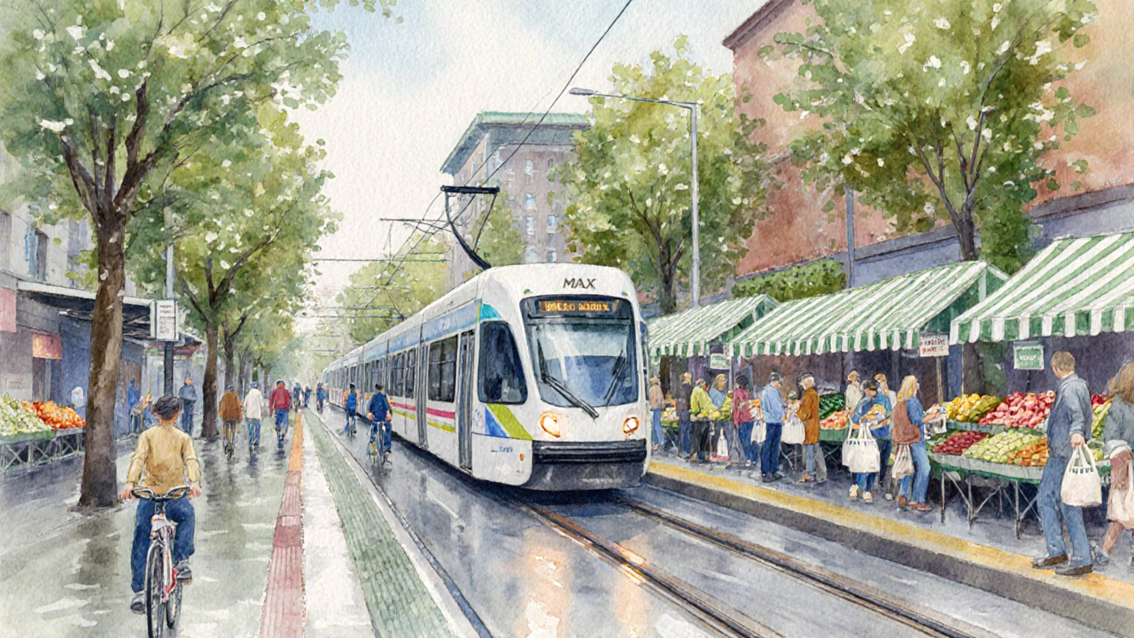 Watercolor scene of Portland street with cyclists, light rail, farmers market, green roofs, and rainy atmosphere.