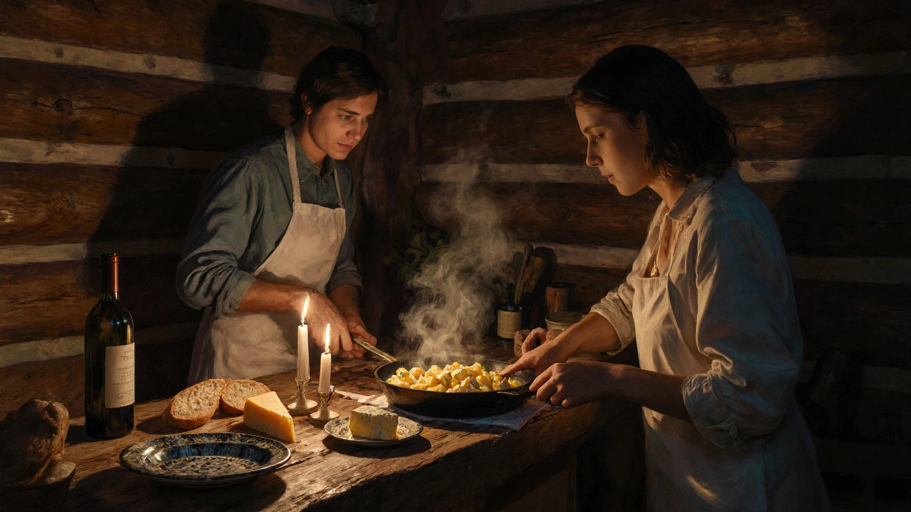 A couple cooking together in a candlelit cabin kitchen, sharing a meal with local food and no phones in sight.