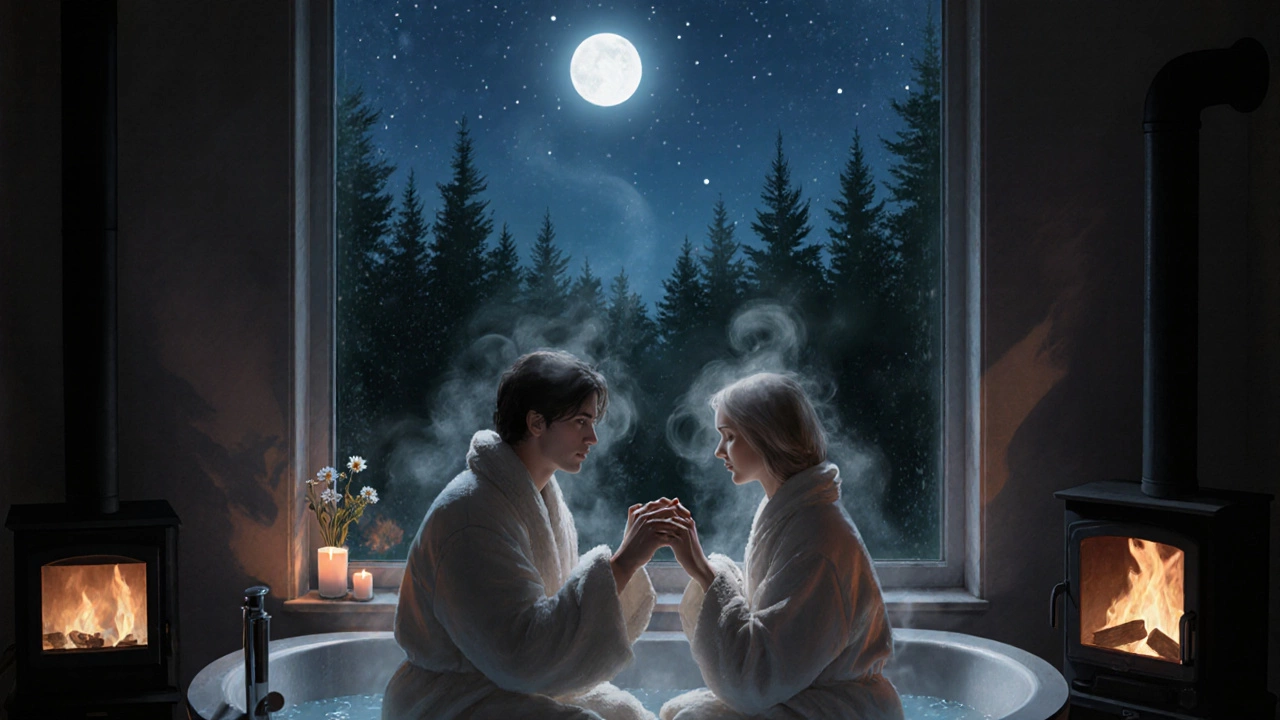 A couple wrapped in robes by a window, steam rising as they hold hands under moonlight, a wildflower on the sill.