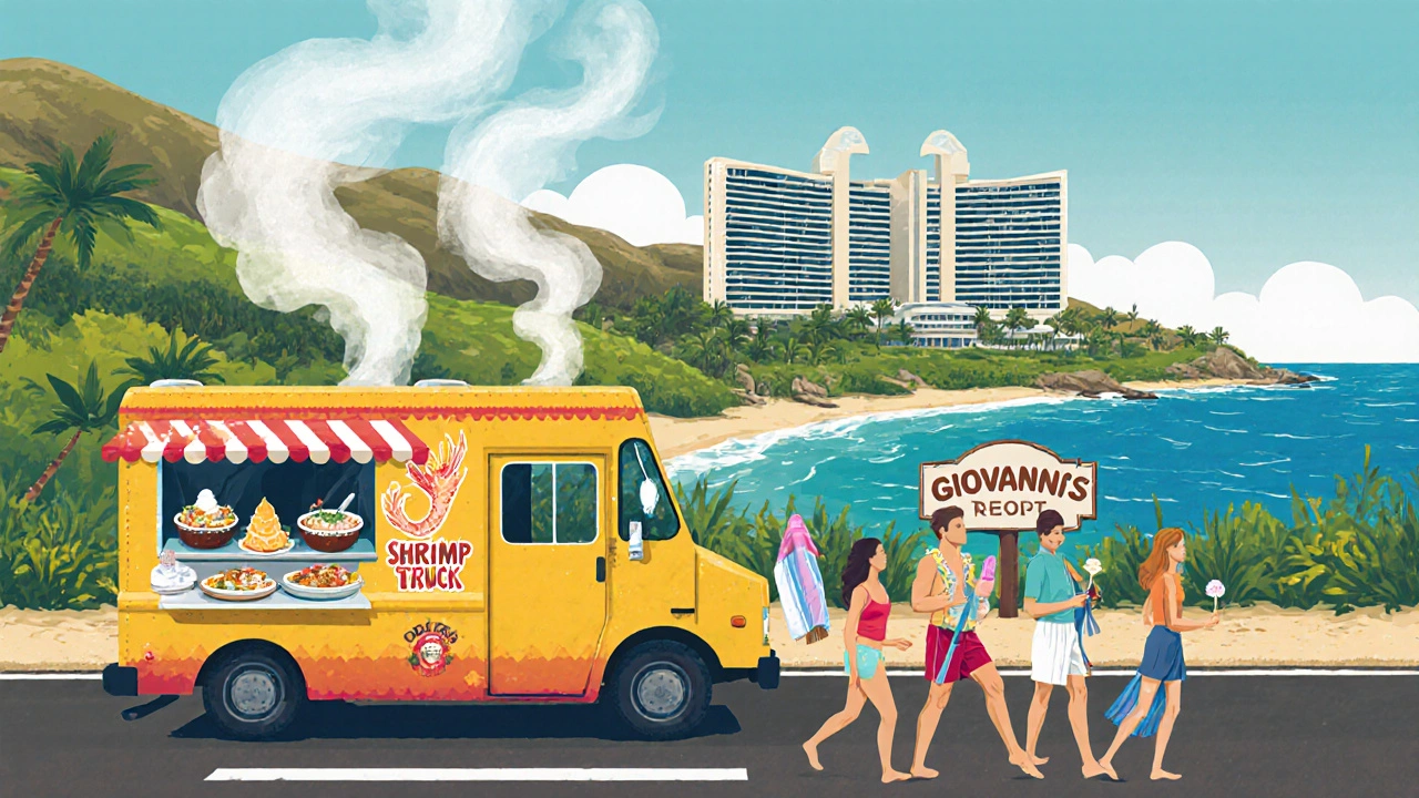 A family enjoys local poke bowls from a food truck beside a scenic Hawaiian road, away from resort dining.