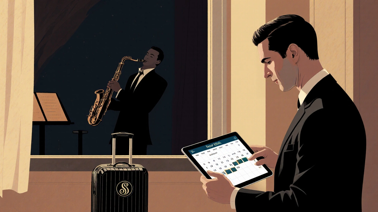 A Four Seasons concierge quietly arranging a private jazz night reservation in New York.