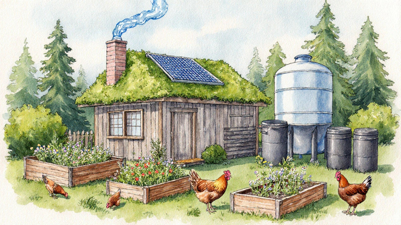 A self-sustaining cottage landscape with chickens, raised garden beds, a green roof, and rainwater tanks.