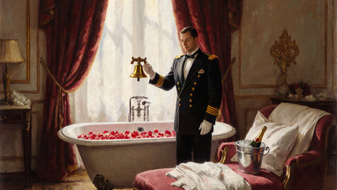 A St. Regis butler ringing a brass bell in a luxurious Venetian suite with rose petals and champagne.
