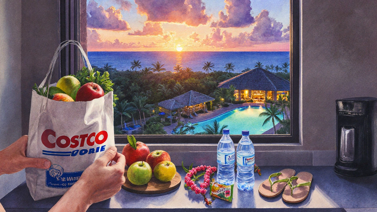 A traveler prepares simple meals in a condo kitchenette with groceries, overlooking a sunset ocean view.