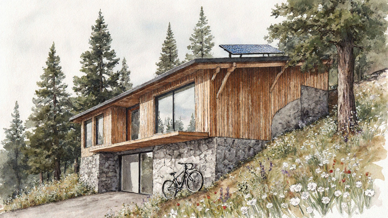 An eco-cottage built into a hillside with timber walls and south-facing windows, surrounded by wildflowers.