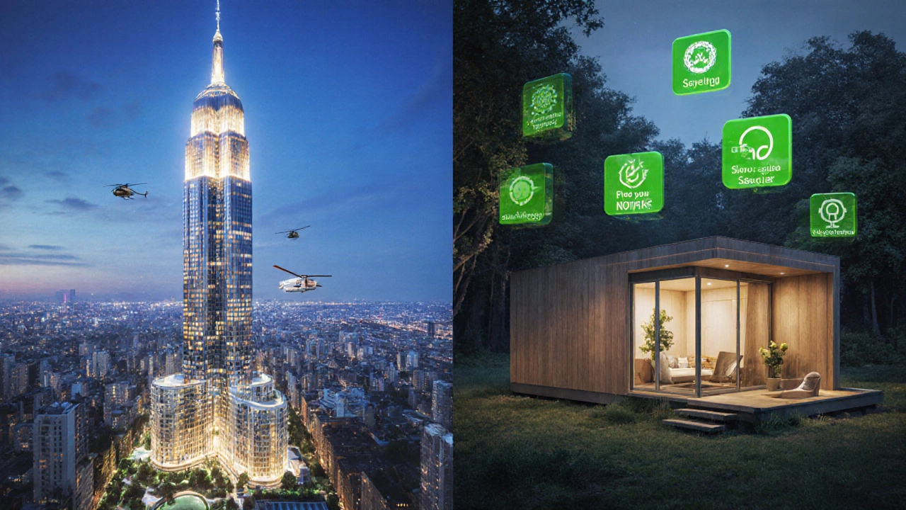 Contrasting image of a lavish skyscraper mansion versus a quiet sustainable cottage in a forest.