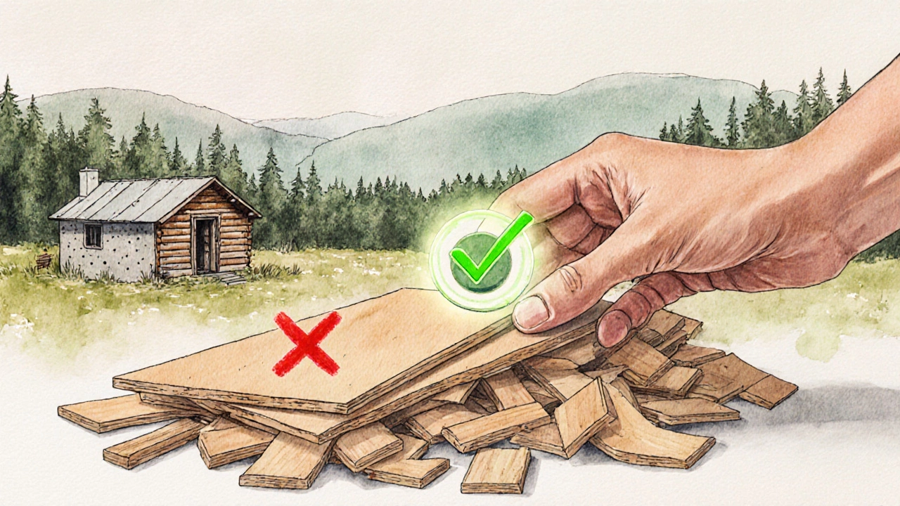 Hand placing bamboo panel next to discarded particleboard, with green checkmark and red X in watercolor style.