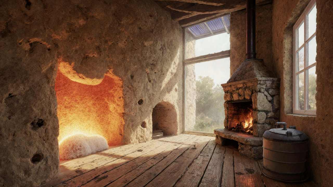 Interior of a cottage with a glowing rammed earth wall and reclaimed wood floors, bathed in natural light.