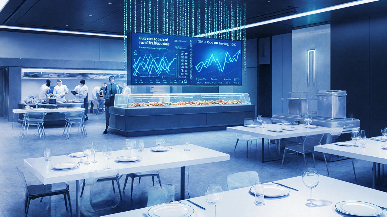 Modern dining room with guests ordering meals via tablet, smart bins tracking reduced food waste.